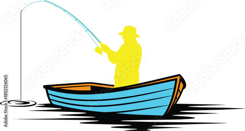 Fisherman in a blue rowboat casting a fishing line