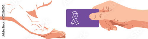 Hand exchanging purple ribbon card for epilepsy awareness