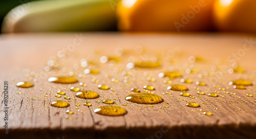 Closeup macro shot of water droplets on a wooden cutting board, with blurred yellow and green vegetables in the background, highlighting texture and liquid