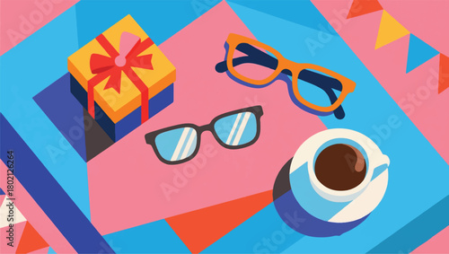 Illustration Of A Table With Coffee Cups, Glasses And Gifts Vector Design Template