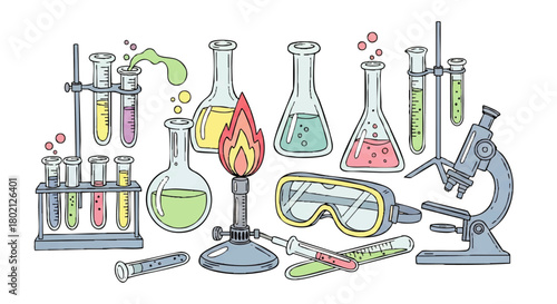 Illustration of various laboratory equipment, including test tubes, flasks, a Bunsen burner, safety goggles, and a microscope, filled with colorful liquids.