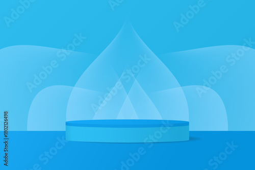 Blue podium, abstract background with gradient cones and bubbles