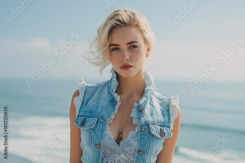 Stylish woman poses oceanfront in chic denim vest and swimsuit
