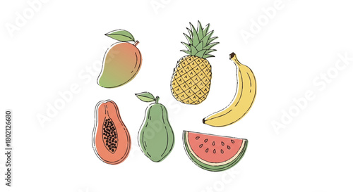 Colorful illustration featuring various tropical fruits, including mango, pineapple, banana, papaya, pear, and watermelon.