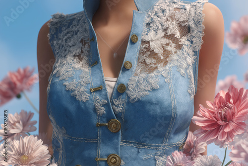 Fashionable woman in blue denim vest with floral accents outdoors in sunny weather