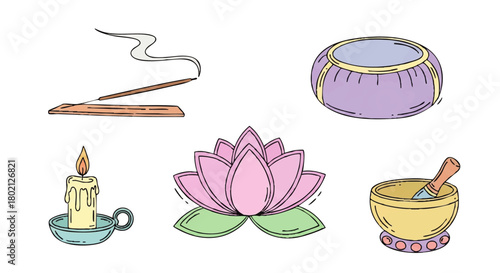 Illustration of spiritual and meditation elements: incense, cushion, lotus flower, candle, and singing bowl.