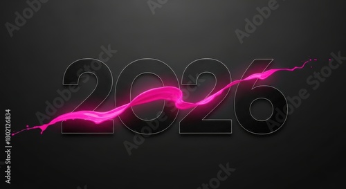 Year 2026 is presented with bold numbers and a dynamic pink splash across a dark backdrop symbolizing a vibrant and energetic outlook for the future making it suitable for new year celebrations and f