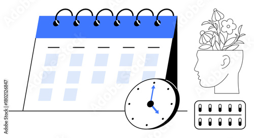 Calendar with blue header, clock showing time, head with flowers portraying mindfulness, and pill organizer for planning. Ideal for productivity, organization, health, wellness, mental clarity