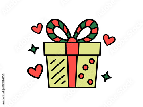 A festive present adorned with hearts and sparkles, ready to be given as a gift.