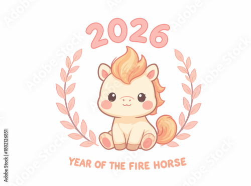 Cute Fire Horse 2026 Lunar New Year Illustration with Laurel Wreath