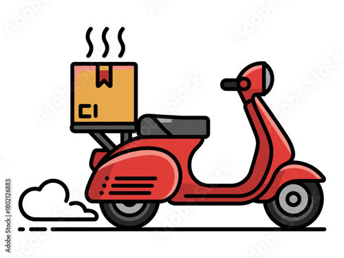 A red scooter is delivering a hot package with steam rising from the box.