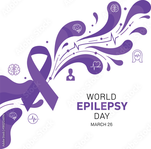 World Epilepsy Day: Purple Ribbon with Brain and Heartbeat Graphics