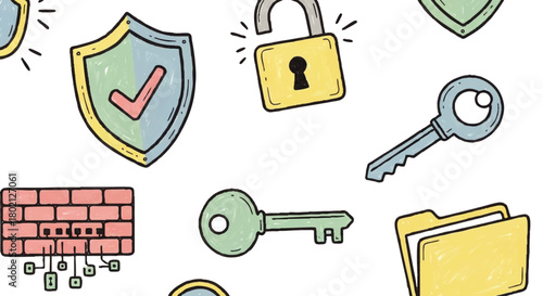 A repeating pattern of security-related illustrations including shields, keys, and padlocks.