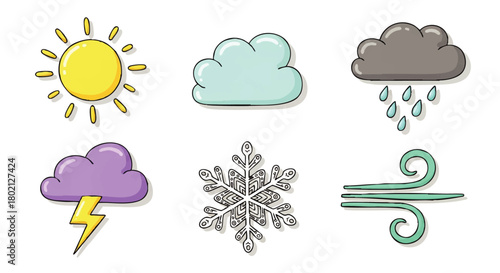 Cartoon illustration depicting various weather conditions: sunny, cloudy, rainy, stormy, snowy, and windy, presented as simple, colorful icons.
