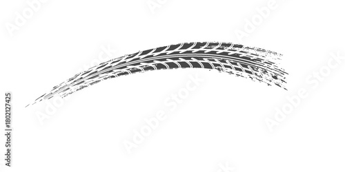 Tire track. Car, bike, motorcycle tyre mark with grunge effect isolated on white background. Wheel footprint on the road. Top view of rubber protector mark.