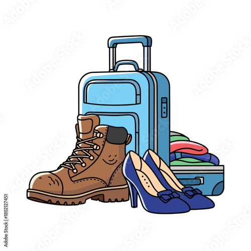 Travel suitcase with hiking boots and high heels for Fitur Tourism Expo  