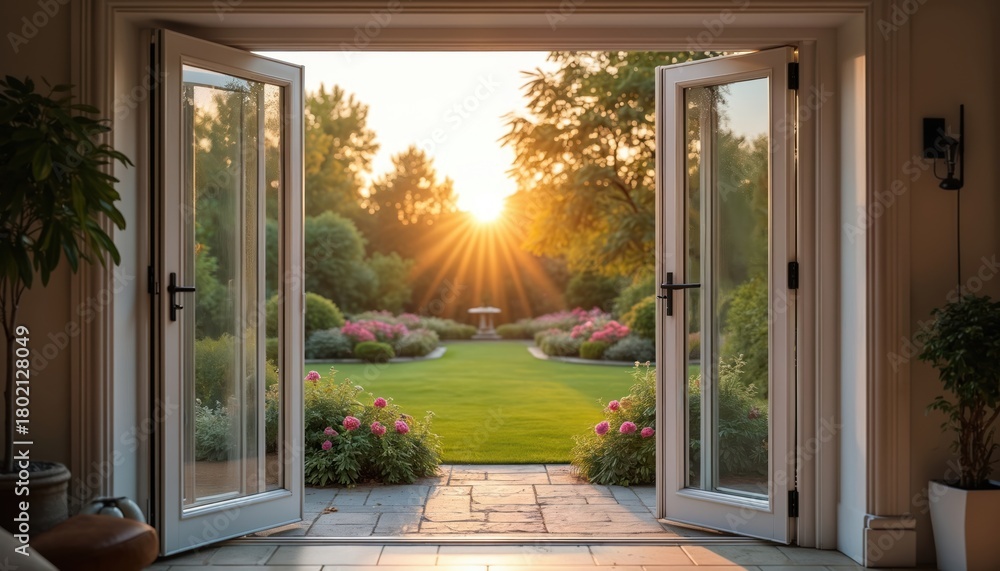 Naklejka premium Open bifold doors frame beautiful summer garden at sunset. Golden hour sun shines on green lawn, blooming pink flowers, trees. Bird bath stands in peaceful backyard scenery from home, creating