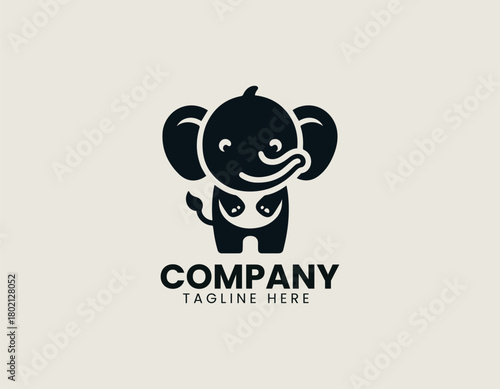Cute elephant baby stands happily creating friendly black vector logo