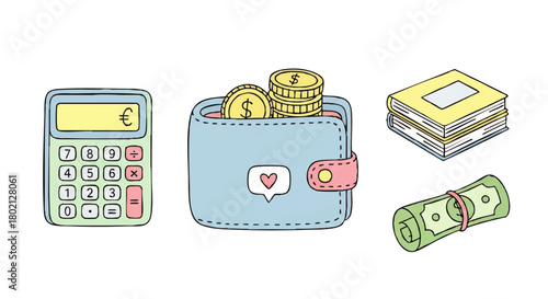 Illustration of a calculator, wallet with coins, a stack of books, and a rolled-up stack of bills on a white background.