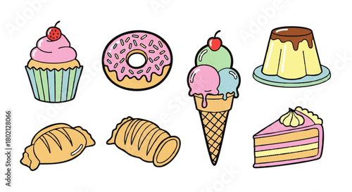Colorful cartoon illustration featuring a cupcake, donut, ice cream cone, flan, croissant, cannoli, and a slice of cake, all arranged against a white background.