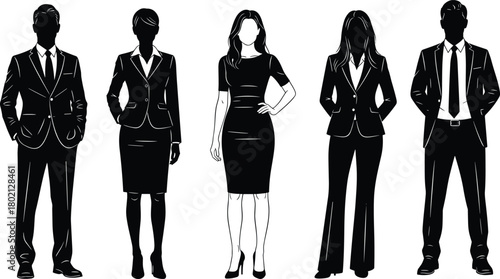 Flat vector business silhouettes, professional attire illustration, diverse corporate team, standing pose, confident posture, workplace fashion, office people graphic