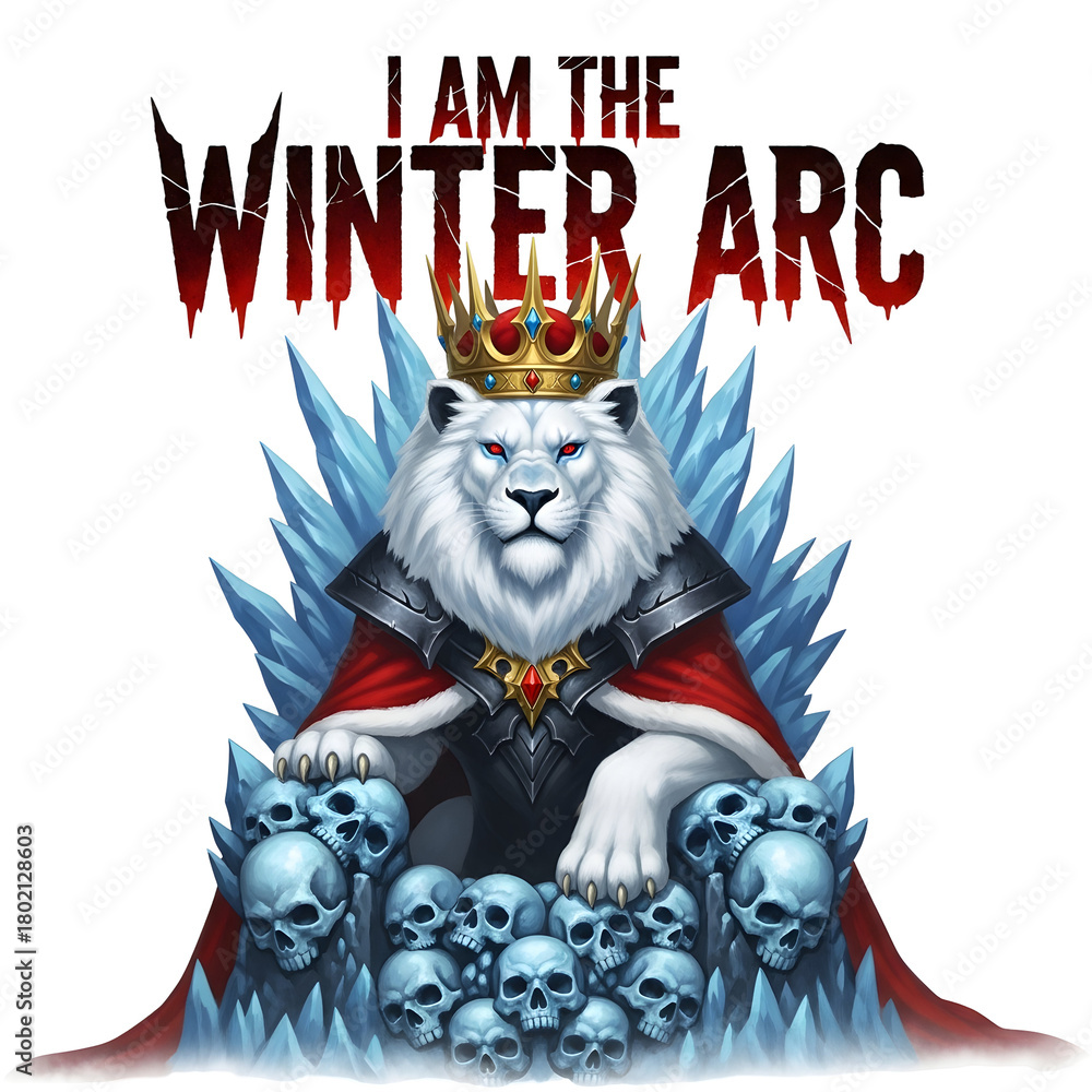Obraz premium A majestic white lion king with glowing red eyes sits powerfully on an icy throne adorned with skulls and ice crystals, wearing a royal golden crown and dark armor with a red cape, isolated on transpa