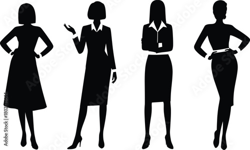 Black and white silhouette vector of confident women in professional business attire for career, fashion, and workplace themes