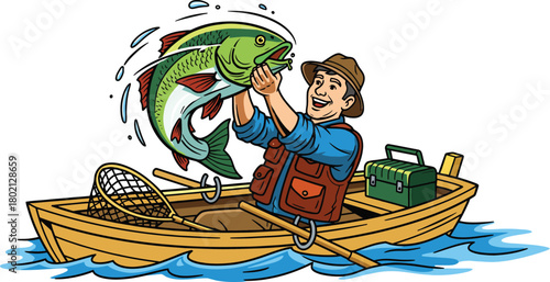 Happy fisherman proudly displays large bass caught from rowboat
