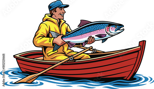 Happy fisherman in rowboat holding large rainbow trout catch