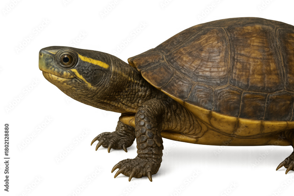 Obraz premium Turtle walking, displaying brown shell and yellow stripes, isolated on a transparent background