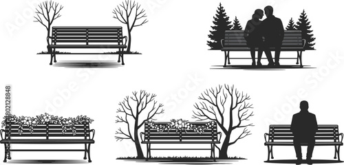 Black and white park bench vector set with seasonal trees, flowers, people, and emotional scenes for design and storytelling