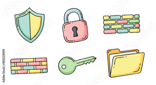 A collection of six hand-drawn style icons representing security, including a shield, padlock, key, folder, and two brick walls.