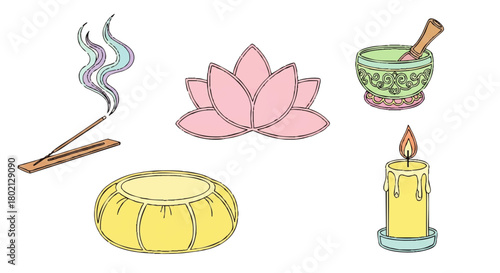 Illustration of meditation elements: incense sticks with smoke, pink lotus flower, mortar and pestle, yellow cushion, and a lit candle with dripping wax.