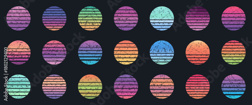 Retro styled gradient circles with textured scratched surfaces. Warm and cool tones blend smoothly inside each round design