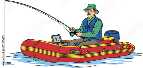 Man fishing from red inflatable boat with motor and rod