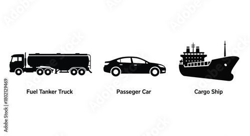 Black silhouette icons depicting a truck car and ship transportation
