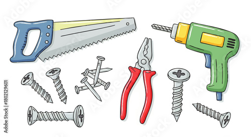 A collection of various hand tools and fasteners arranged on a white background, ready for construction.