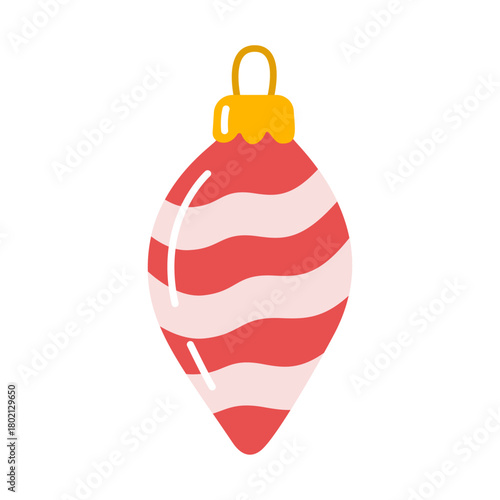 Hanging Christmas ornament, red and pink striped teardrop or icicle, featuring golden cap and loop. Colorful flat vector illustration. For holiday greeting cards, festive decals, celebration themes.