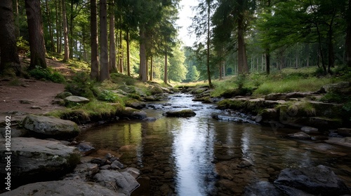 A serene forest stream flows through moss covered rocks and lush green trees under gentle morning sunlight