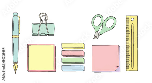Illustration of stationery items including a pen, binder clip, sticky notes, highlighter strips, scissors, and a ruler, arranged on a white background.