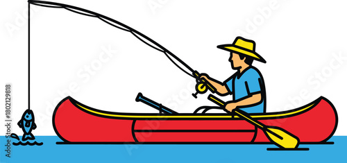 Man fishing from a red canoe on a sunny day