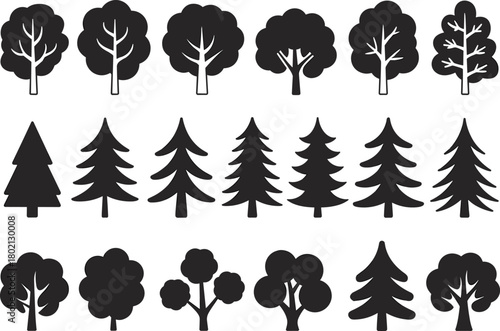 Black and white tree silhouette vector set with diverse shapes for nature, environment, design, and educational themes