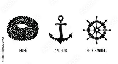 Nautical elements a coiled rope an anchor and a ship s wheel illustration