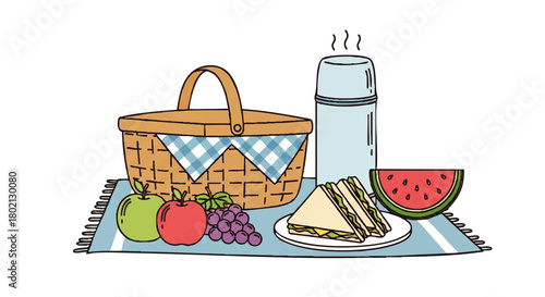 A picnic scene featuring a basket, thermos, sandwiches, watermelon, apples, grapes, and a blue and white checkered blanket.