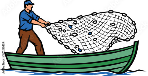 Fisherman in a boat casting a large fishing net