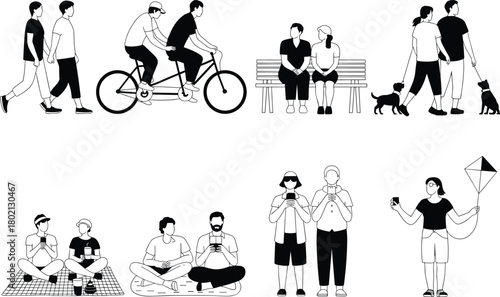 Black and white vector set of people enjoying outdoor leisure, social interaction, and mobile-connected lifestyle scenes in park settings
