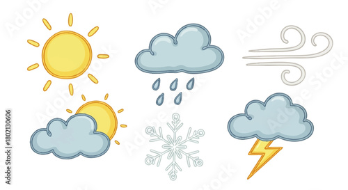 Illustrations of various weather conditions, including sunshine, clouds, rain, wind, snow, and lightning.