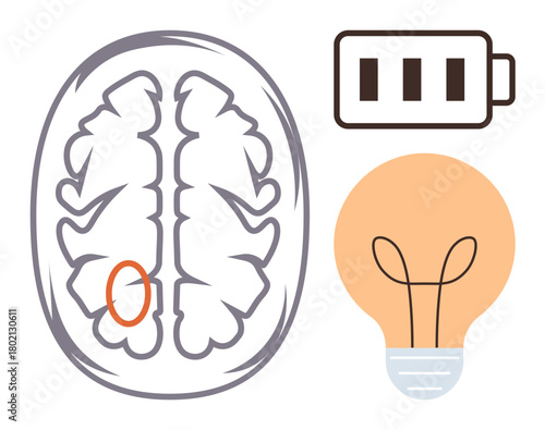 Brain with marked region, low battery icon, and glowing lightbulb suggest mental exhaustion, creativity, and innovation. Ideal for education, science, psychology, healthcare innovation motivation