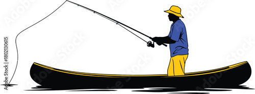 Man fishing from canoe with bending rod and line