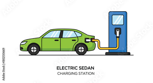 A green electric sedan is actively charging at a modern station